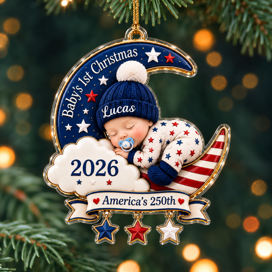 Personalized Baby’s 1st Christmas 2026 Acrylic Ornament – Sleeping Baby Boy on Crescent Moon America’s 250th Anniversary Stars & Stripes Custom Name Newborn Keepsake Gift