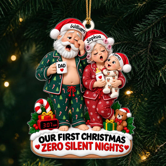 Personalized Our First Christmas Zero Silent Nights Family Pajamas Acrylic Ornament – Custom Names Gift for New Parents