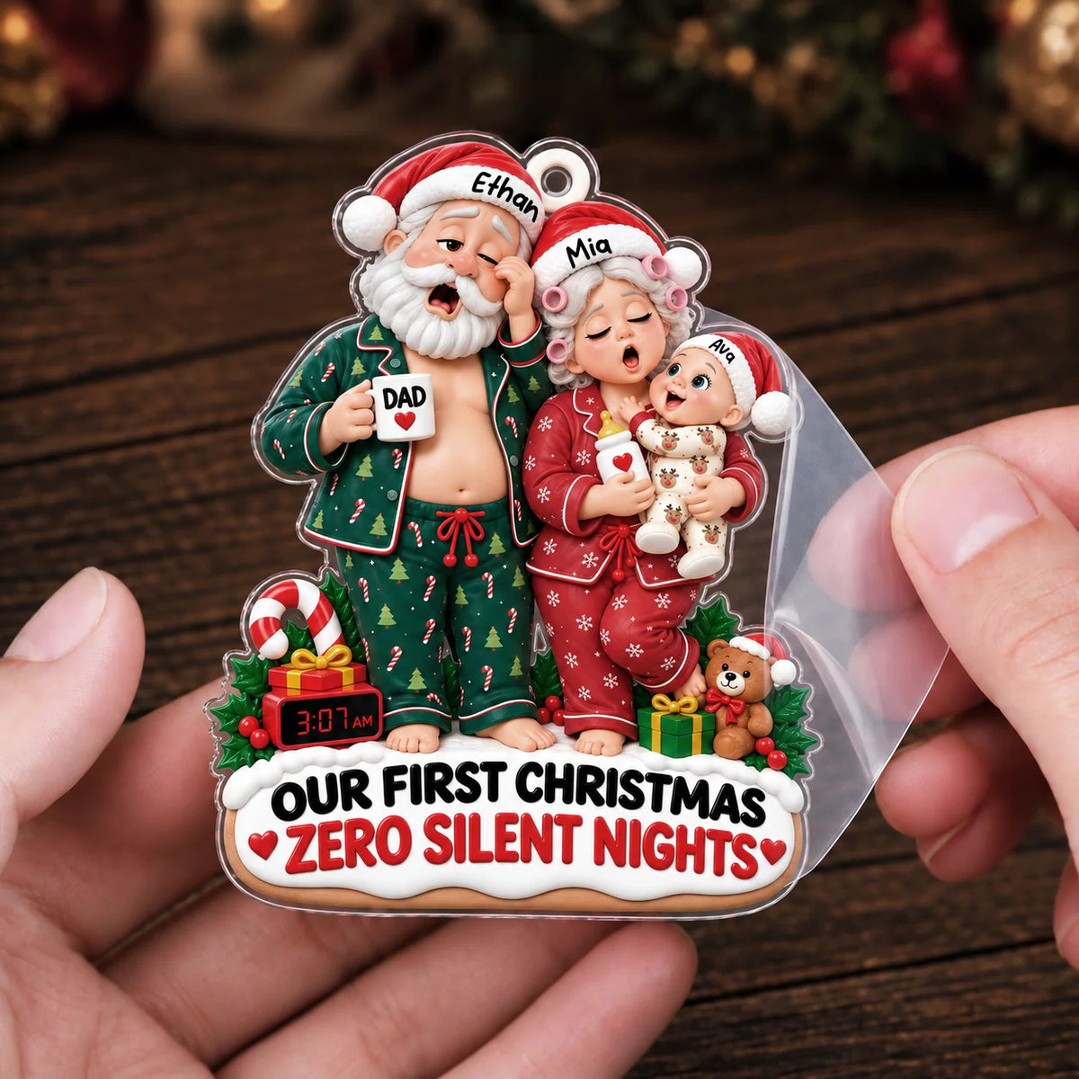 Personalized Our First Christmas Zero Silent Nights Family Pajamas Acrylic Ornament – Custom Names Gift for New Parents