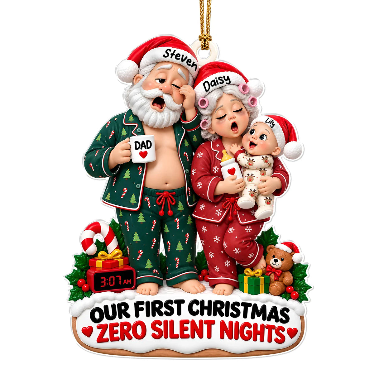 Personalized Our First Christmas Zero Silent Nights Family Pajamas Acrylic Ornament – Custom Names Gift for New Parents
