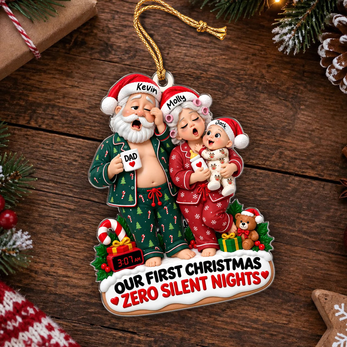 Personalized Our First Christmas Zero Silent Nights Family Pajamas Acrylic Ornament – Custom Names Gift for New Parents