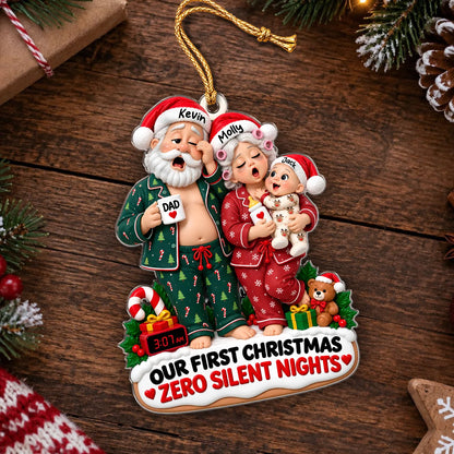 Personalized Our First Christmas Zero Silent Nights Family Pajamas Acrylic Ornament – Custom Names Gift for New Parents