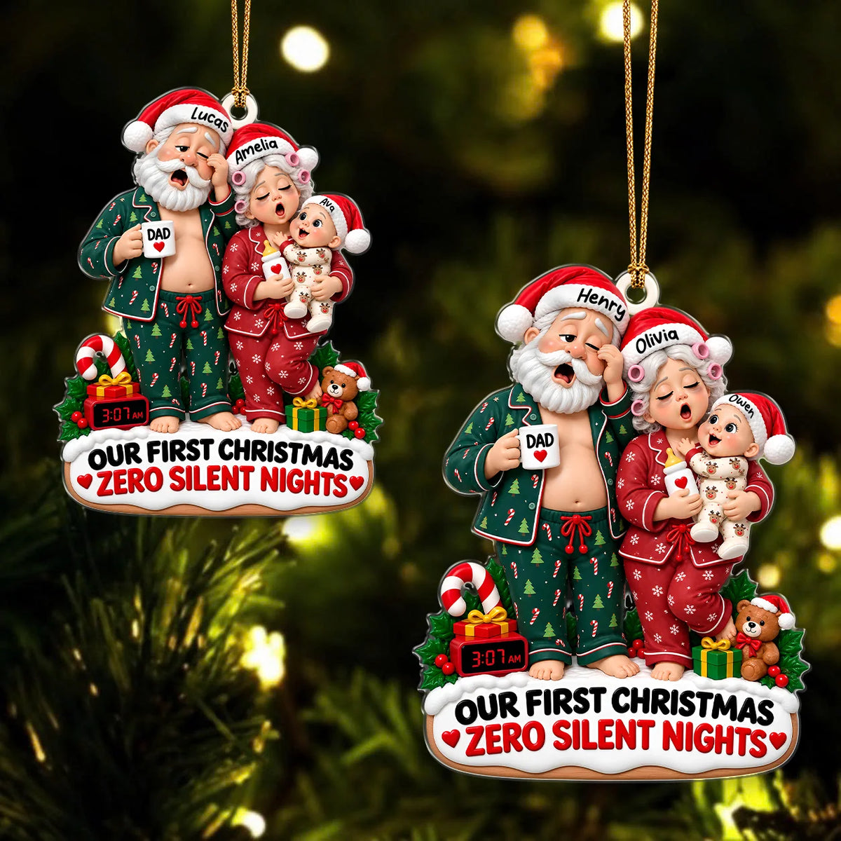 Personalized Our First Christmas Zero Silent Nights Family Pajamas Acrylic Ornament – Custom Names Gift for New Parents
