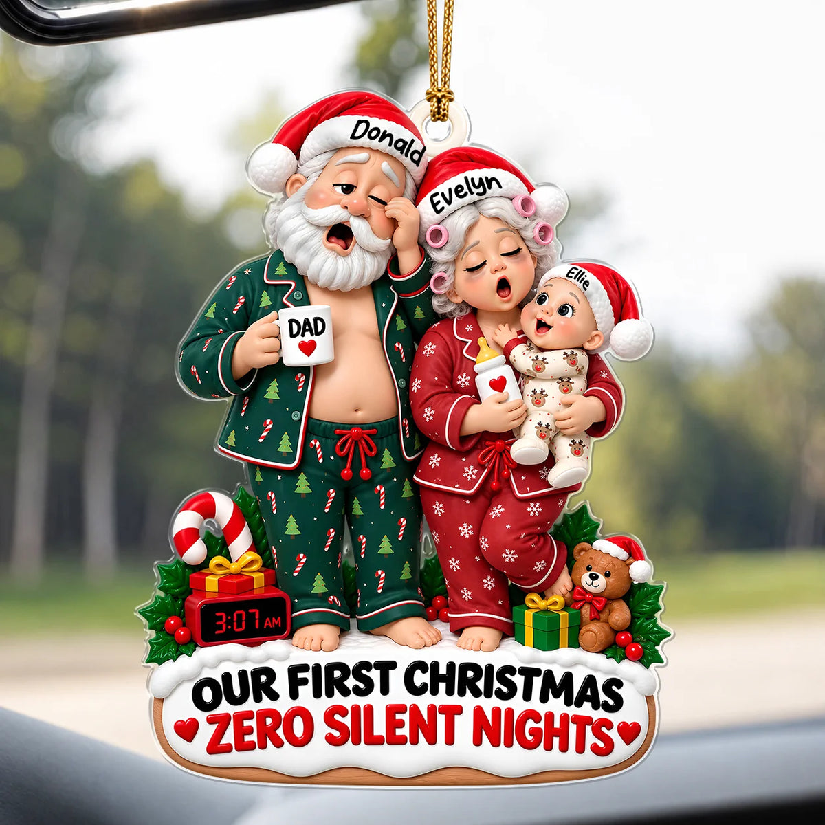Personalized Our First Christmas Zero Silent Nights Family Pajamas Acrylic Ornament – Custom Names Gift for New Parents