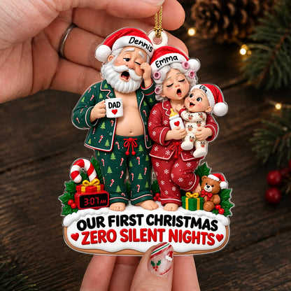 Personalized Our First Christmas Zero Silent Nights Family Pajamas Acrylic Ornament – Custom Names Gift for New Parents