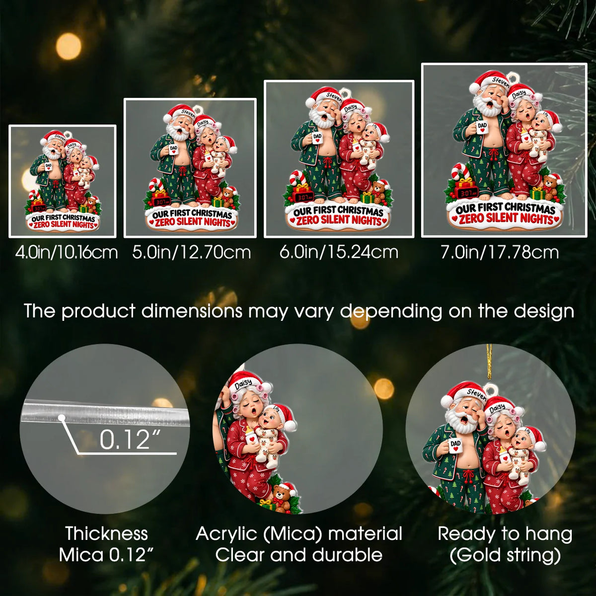 Personalized Our First Christmas Zero Silent Nights Family Pajamas Acrylic Ornament – Custom Names Gift for New Parents