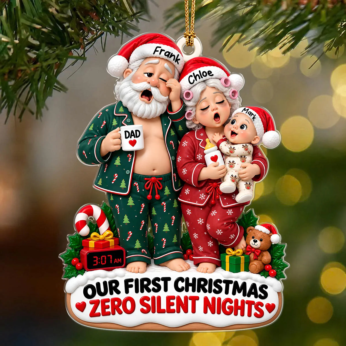 Personalized Our First Christmas Zero Silent Nights Family Pajamas Acrylic Ornament – Custom Names Gift for New Parents