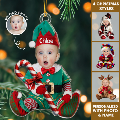 Personalized Baby’s First Christmas Photo Acrylic Ornament – Elf, Santa, Snowman & Reindeer
