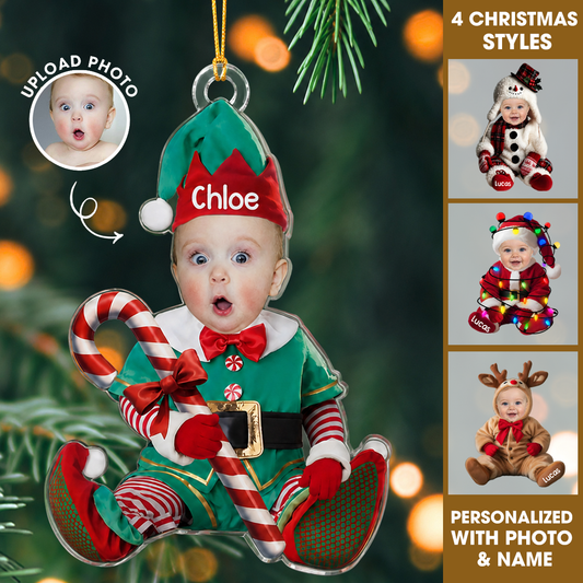 Personalized Baby’s First Christmas Photo Acrylic Ornament – Elf, Santa, Snowman & Reindeer