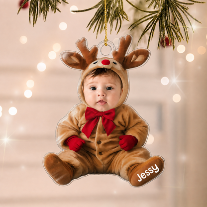 Personalized Baby’s First Christmas Photo Acrylic Ornament – Elf, Santa, Snowman & Reindeer