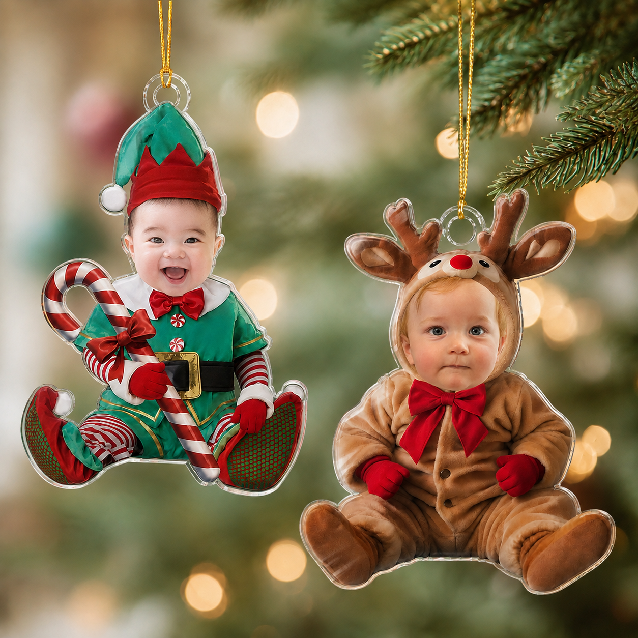 Personalized Baby’s First Christmas Photo Acrylic Ornament – Elf, Santa, Snowman & Reindeer