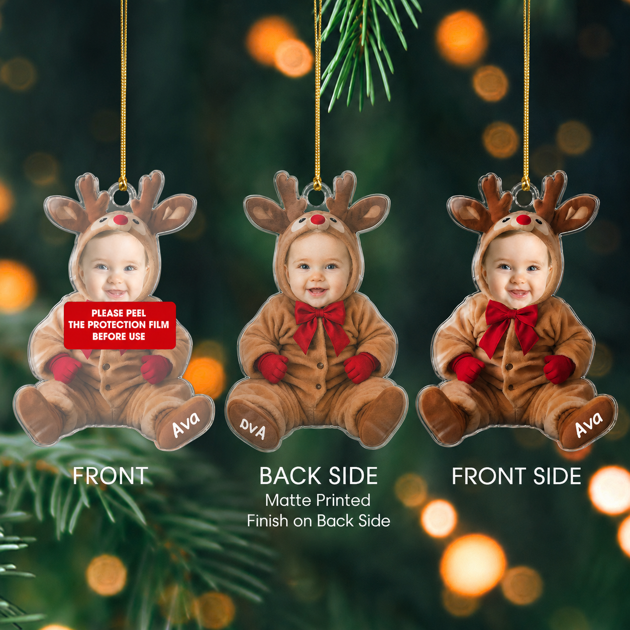 Personalized Baby’s First Christmas Photo Acrylic Ornament – Elf, Santa, Snowman & Reindeer