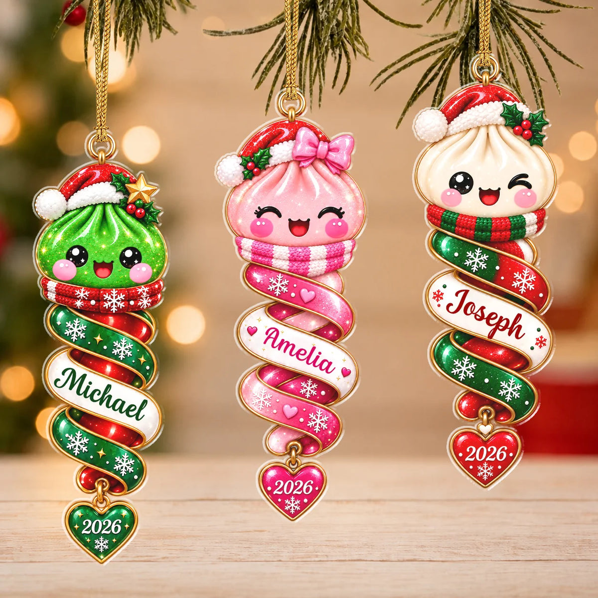 Personalized Christmas Dumpling Spiral Ribbon Acrylic Ornament – Colorful Santa Hat Custom Name Gift for Kids & Friends