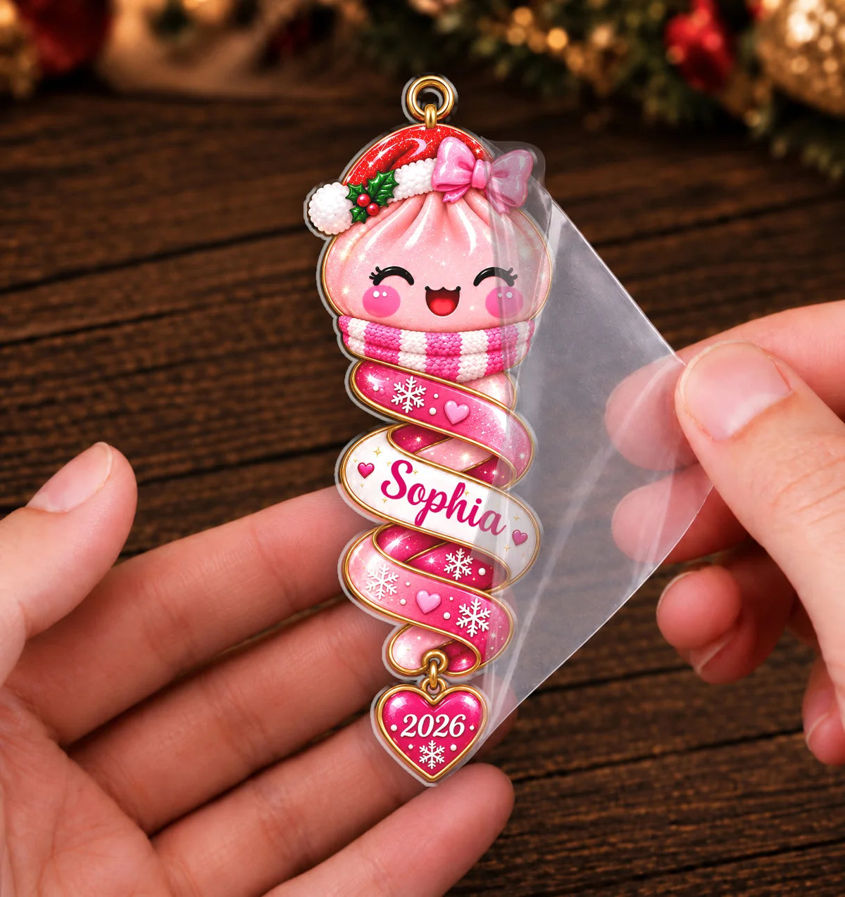 Personalized Christmas Dumpling Spiral Ribbon Acrylic Ornament – Colorful Santa Hat Custom Name Gift for Kids & Friends