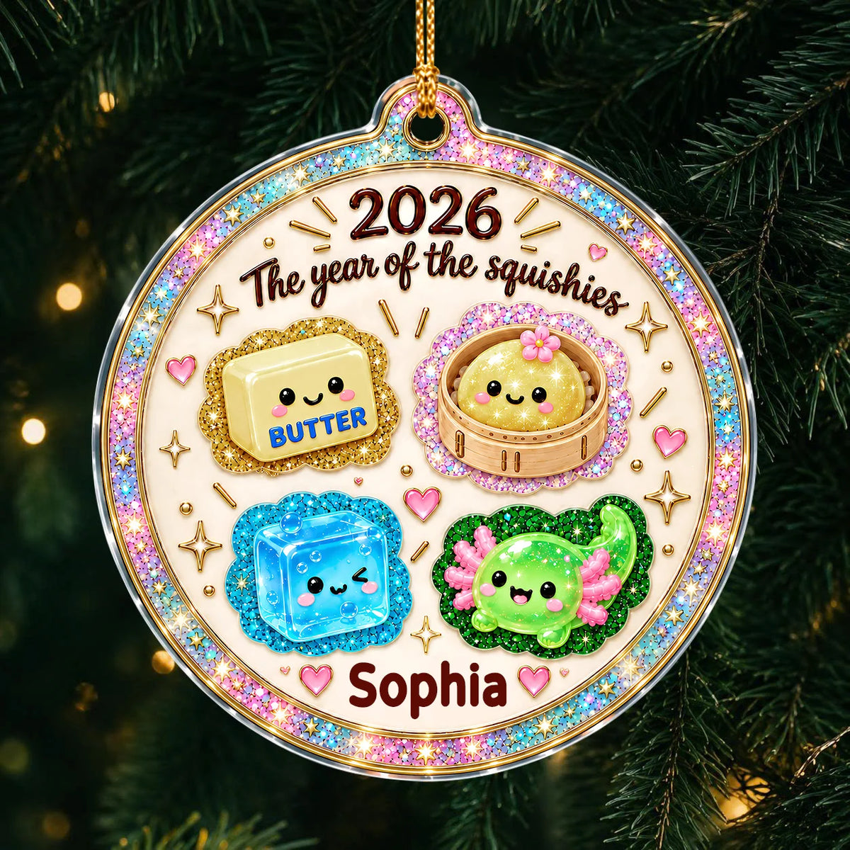 Personalized Year of the Squishies Butter, Dumpling & Ice Cube Acrylic Christmas Ornament – Gift for For Baby & Kids