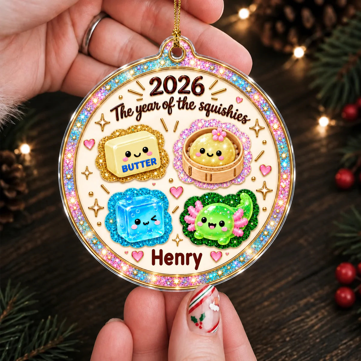 Personalized Year of the Squishies Butter, Dumpling & Ice Cube Acrylic Christmas Ornament – Gift for For Baby & Kids