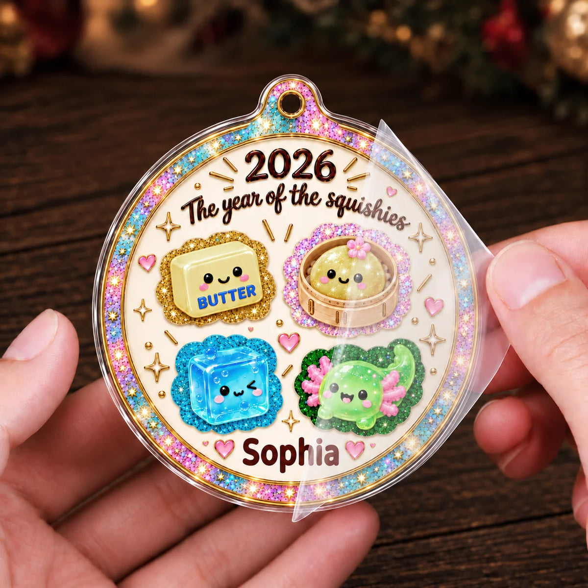 Personalized Year of the Squishies Butter, Dumpling & Ice Cube Acrylic Christmas Ornament – Gift for For Baby & Kids