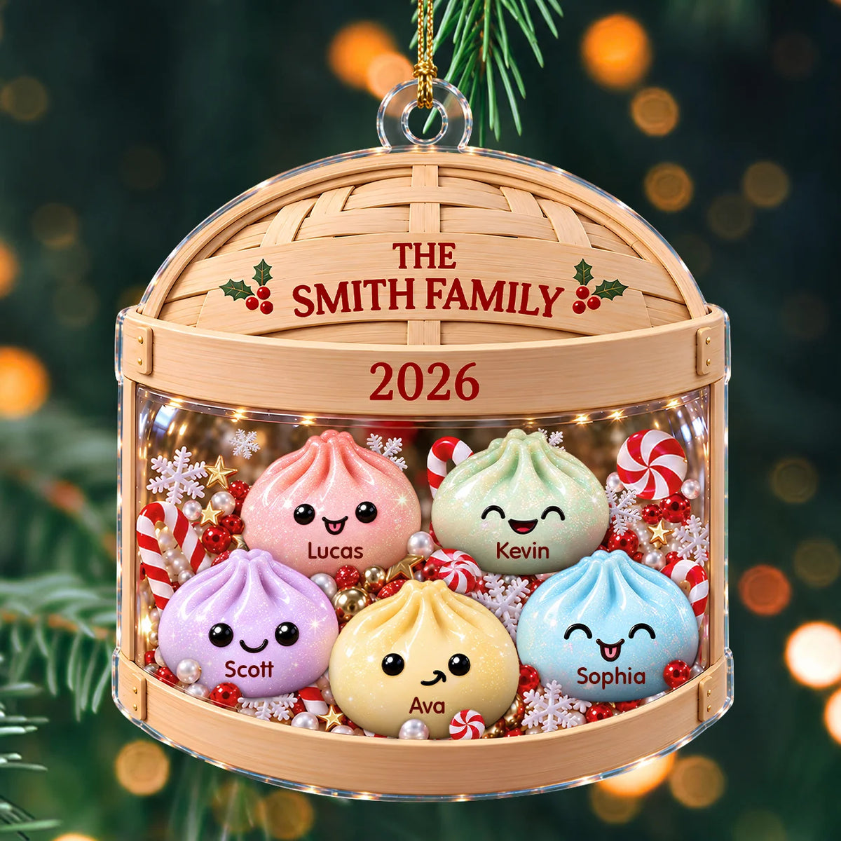 Personalized Pastel Dumpling Family Bamboo Steamer Acrylic Christmas Ornament – Gift for Family