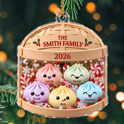 Personalized Pastel Dumpling Family Bamboo Steamer Acrylic Christmas Ornament – Gift for Family
