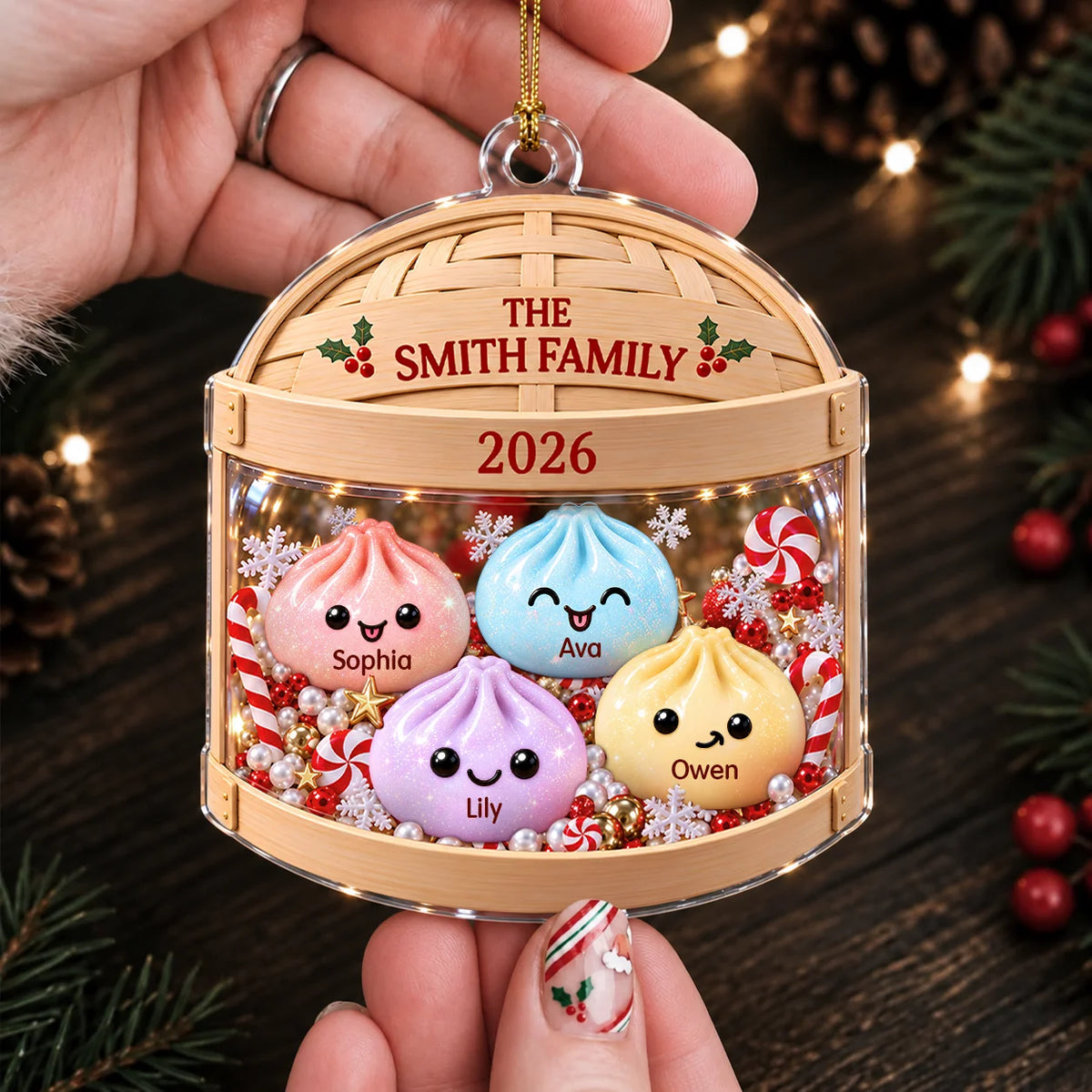 Personalized Pastel Dumpling Family Bamboo Steamer Acrylic Christmas Ornament – Gift for Family