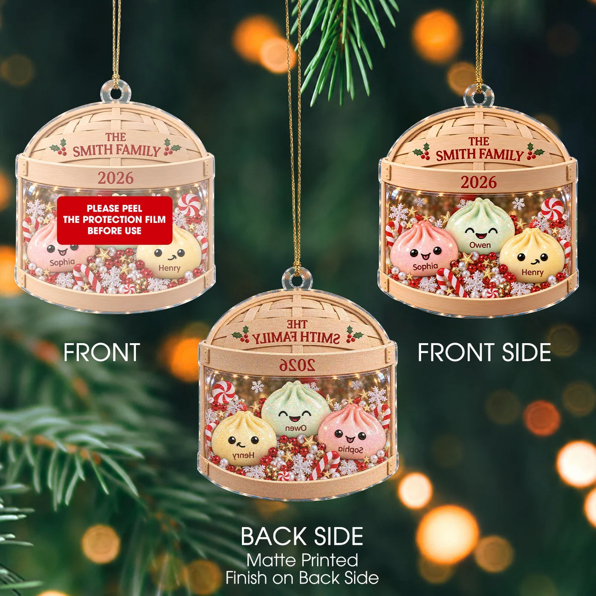 Personalized Pastel Dumpling Family Bamboo Steamer Acrylic Christmas Ornament – Gift for Family