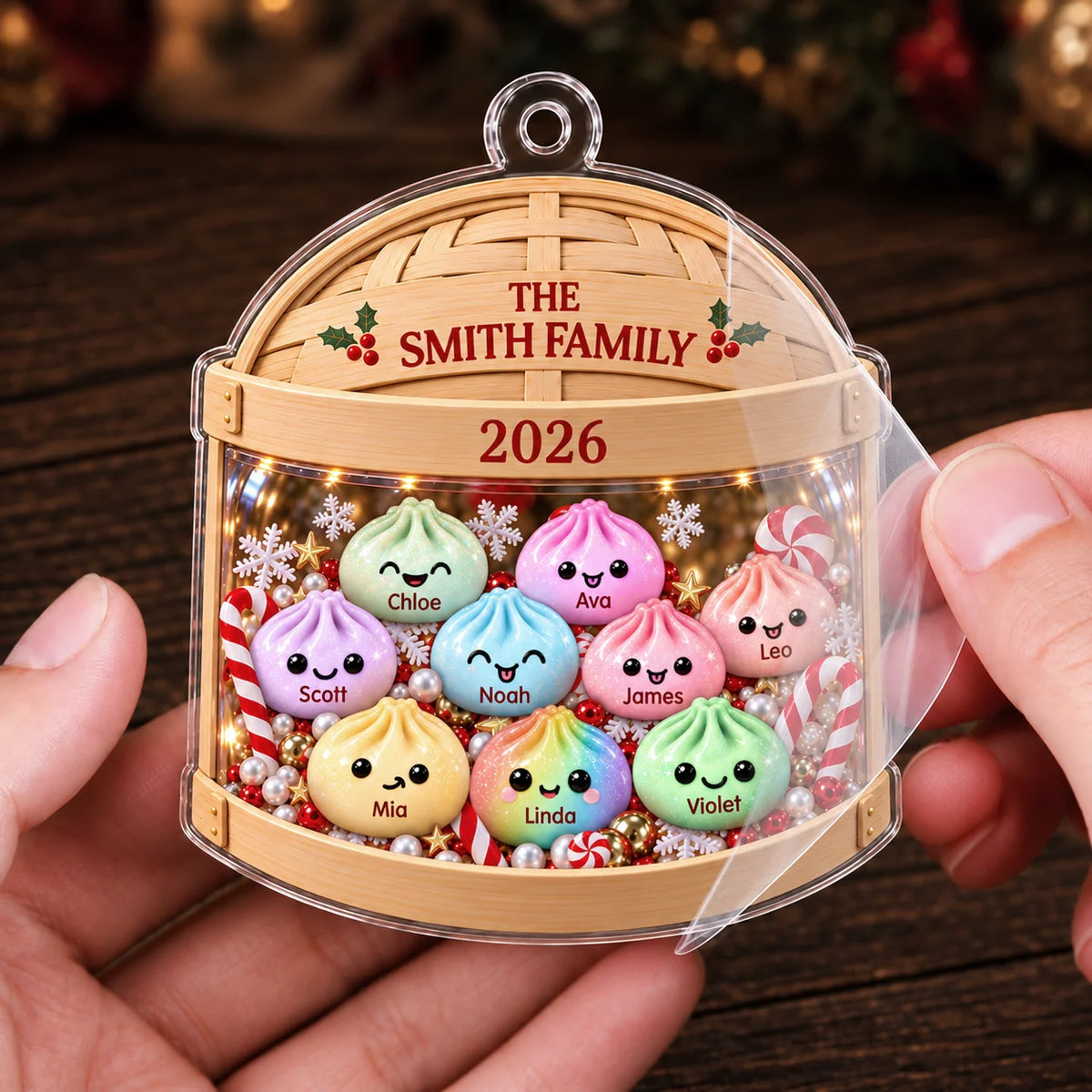 Personalized Pastel Dumpling Family Bamboo Steamer Acrylic Christmas Ornament – Gift for Family