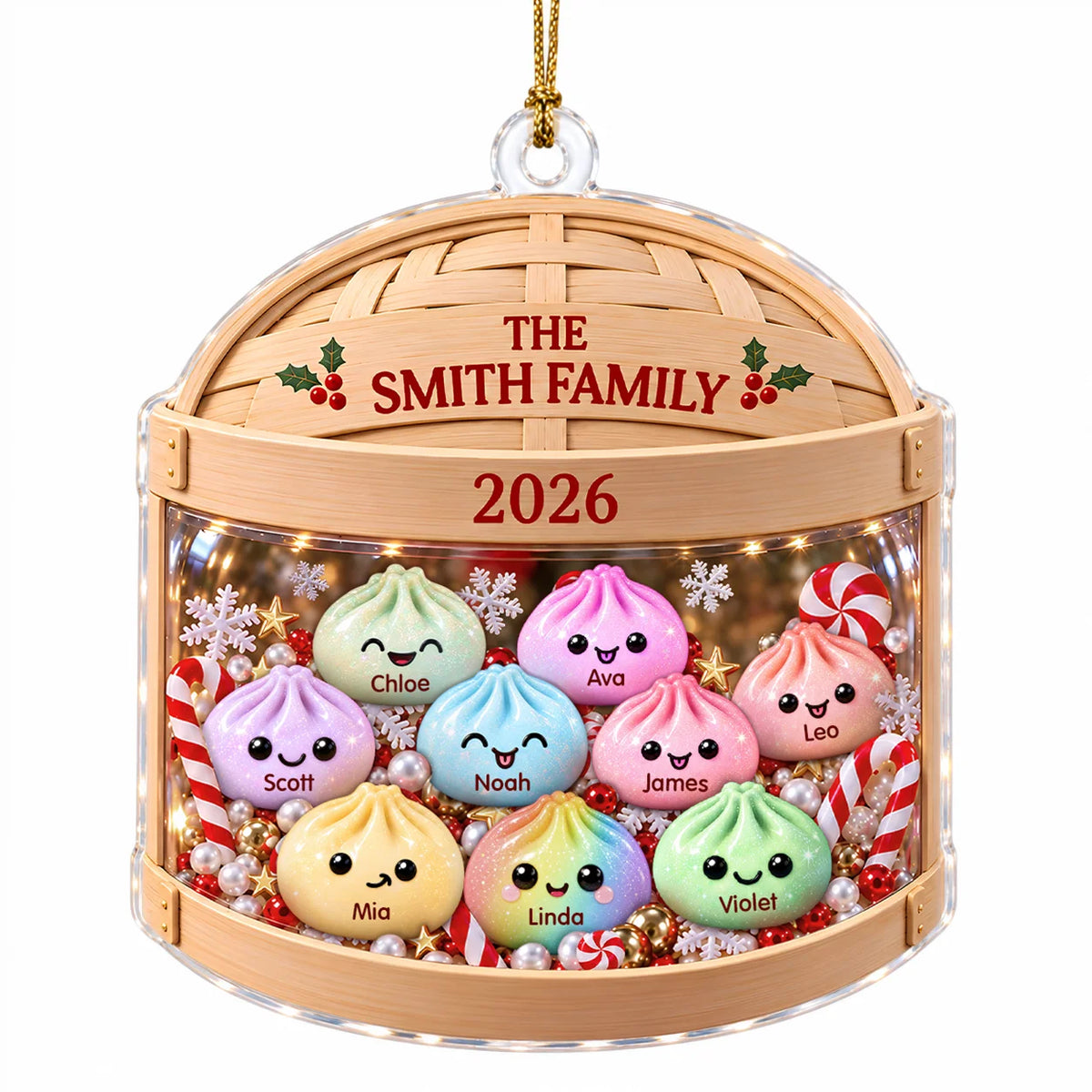 Personalized Pastel Dumpling Family Bamboo Steamer Acrylic Christmas Ornament – Gift for Family