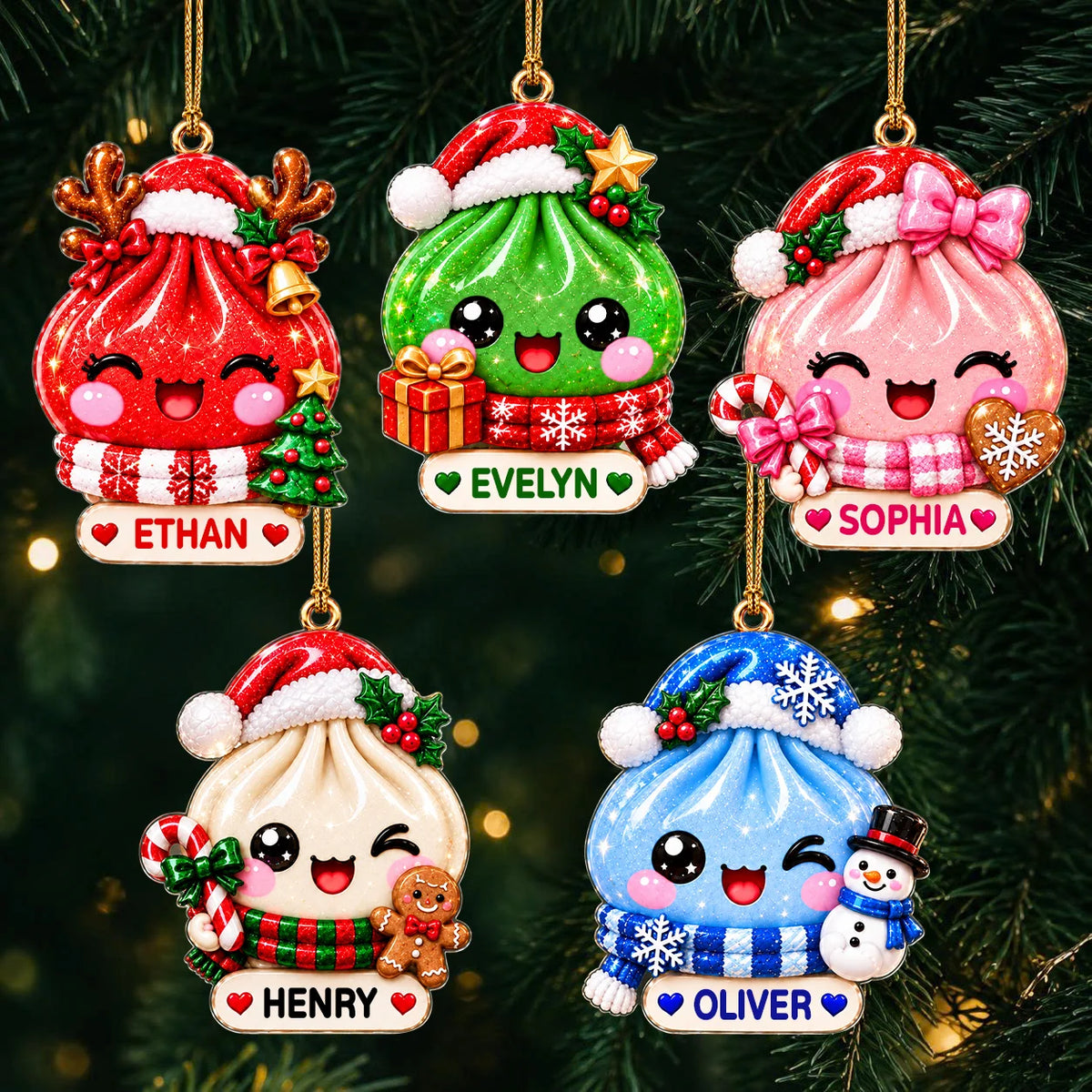 Personalized Cute Christmas Dumpling Acrylic Ornament – Colorful Santa Hat Custom Name Gift for Kids & Friends
