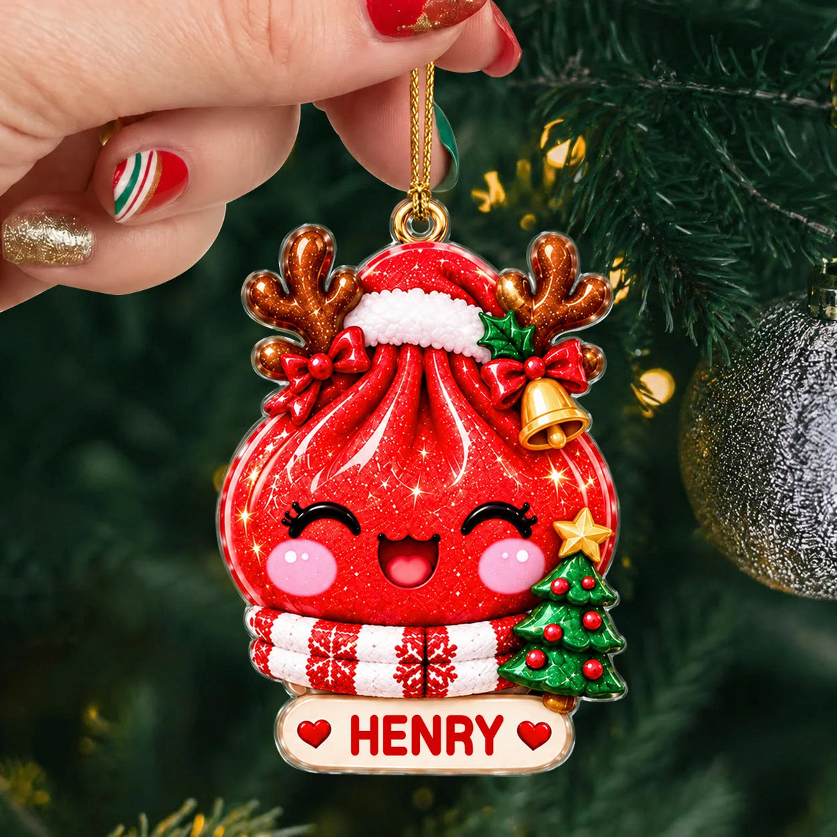 Personalized Cute Christmas Dumpling Acrylic Ornament – Colorful Santa Hat Custom Name Gift for Kids & Friends