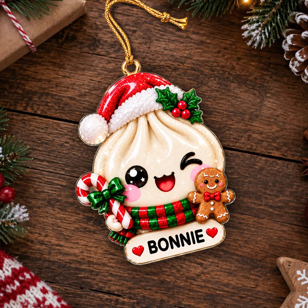 Personalized Cute Christmas Dumpling Acrylic Ornament – Colorful Santa Hat Custom Name Gift for Kids & Friends
