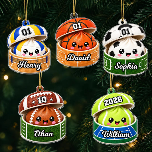 Personalisierter Sportball-Dumpling im offenen Acryl-Weihnachtsanhänger – Individuelles Geschenk mit Name & Nummer für Athleten