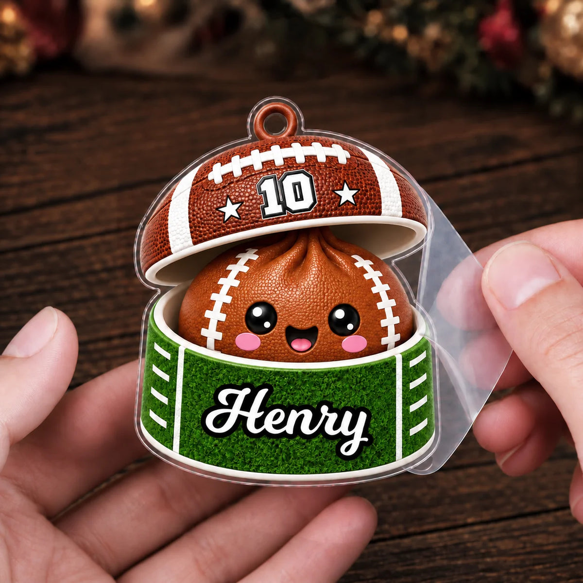 Personalized Sports Ball Dumpling in Open Box Acrylic Christmas Ornament – Custom Name & Number Gift for Athletes