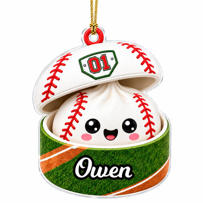 Personalized Sports Ball Dumpling in Open Box Acrylic Christmas Ornament – Custom Name & Number Gift for Athletes