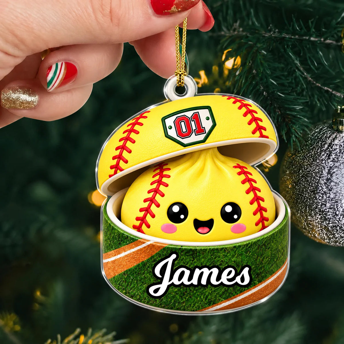 Personalized Sports Ball Dumpling in Open Box Acrylic Christmas Ornament – Custom Name & Number Gift for Athletes