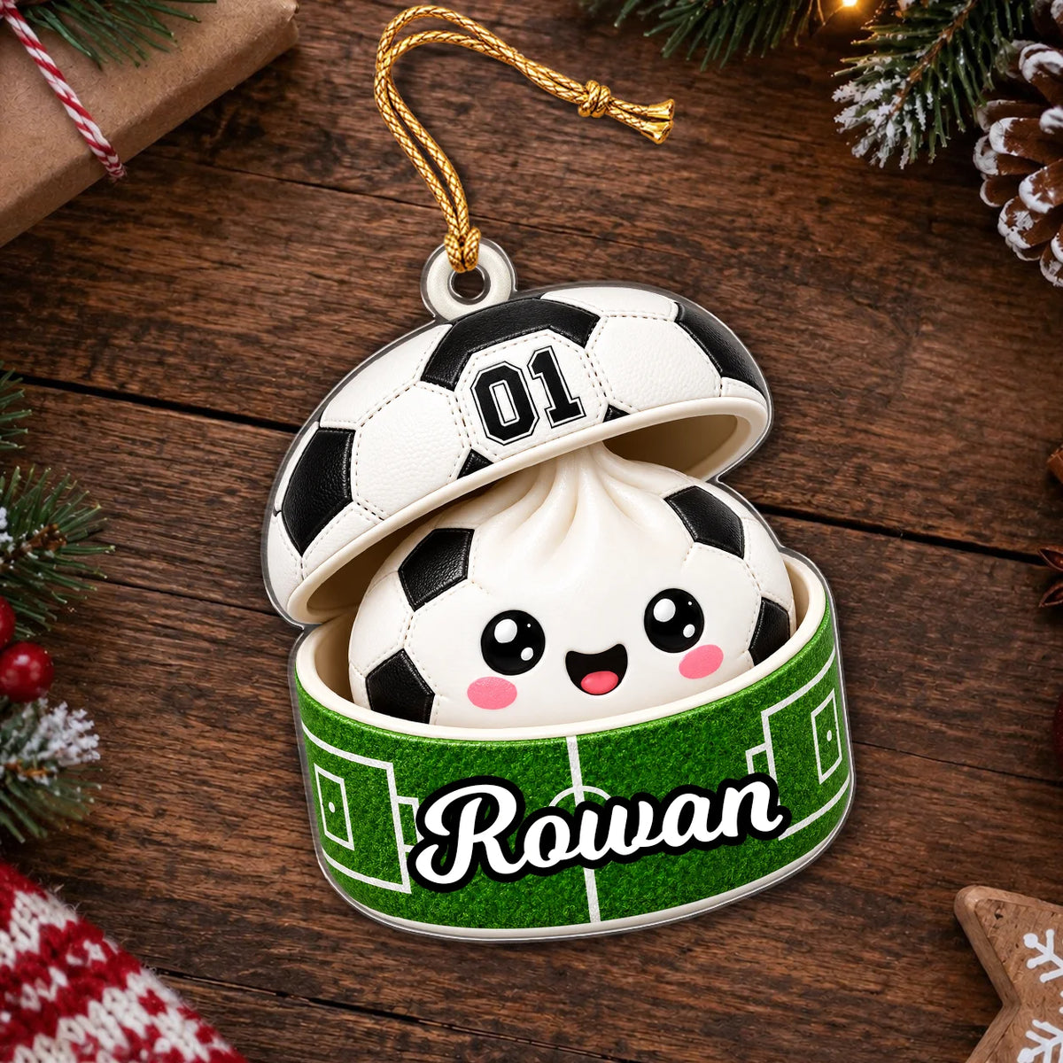 Personalized Sports Ball Dumpling in Open Box Acrylic Christmas Ornament – Custom Name & Number Gift for Athletes