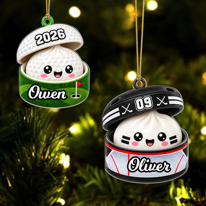 Personalized Sports Ball Dumpling in Open Box Acrylic Christmas Ornament – Custom Name & Number Gift for Athletes