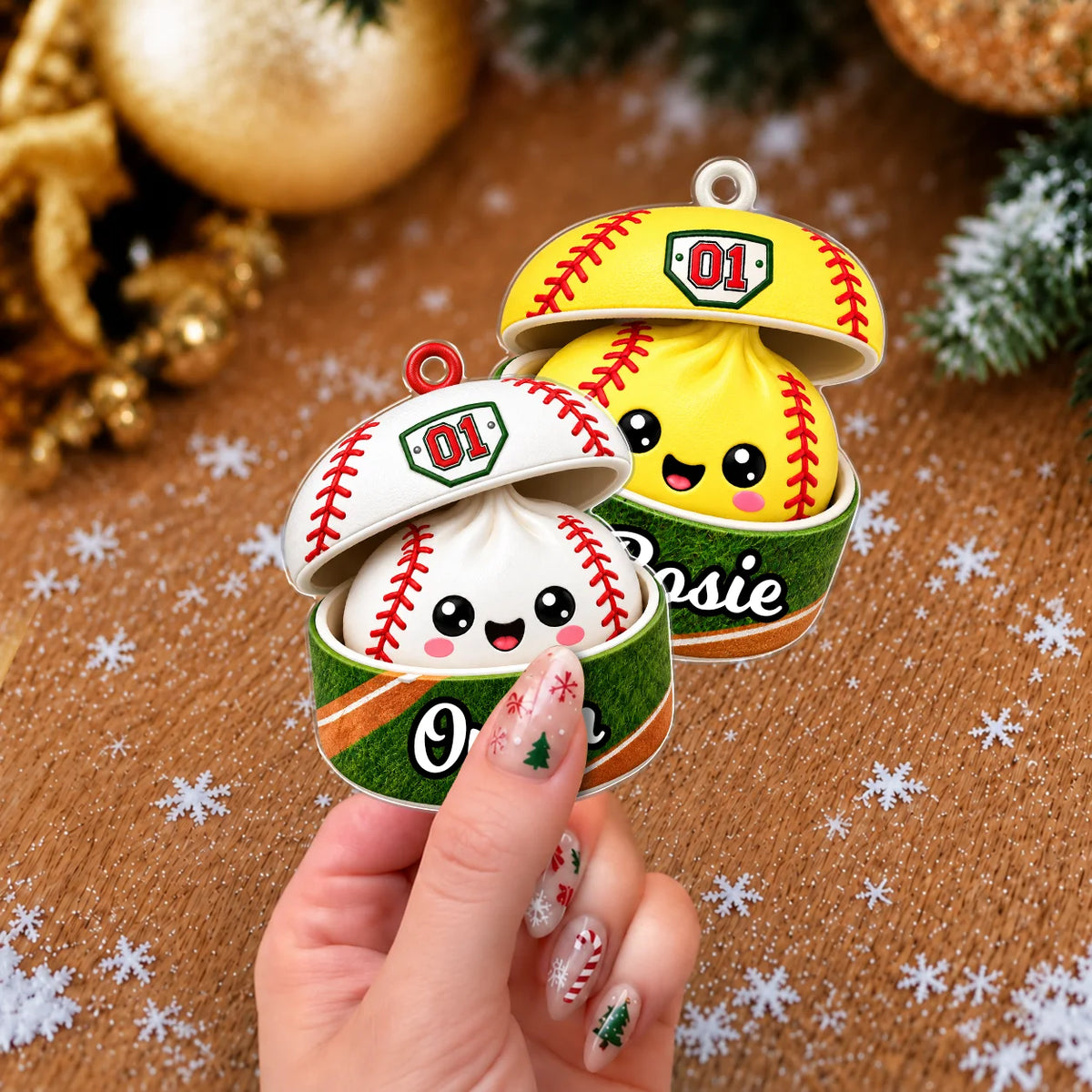Personalized Sports Ball Dumpling in Open Box Acrylic Christmas Ornament – Custom Name & Number Gift for Athletes