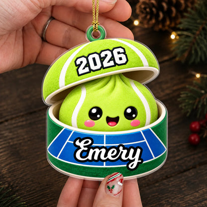 Personalized Sports Ball Dumpling in Open Box Acrylic Christmas Ornament – Custom Name & Number Gift for Athletes