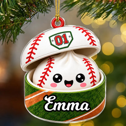 Personalized Sports Ball Dumpling in Open Box Acrylic Christmas Ornament – Custom Name & Number Gift for Athletes
