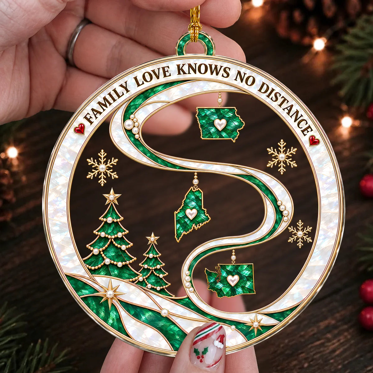 Personalized Family Love Knows No Distance Emerald State Maps & Winding Ribbon Acrylic Christmas Ornament – Gift for Family