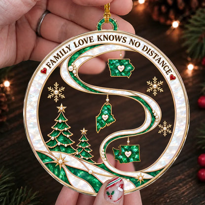 Personalized Family Love Knows No Distance Emerald State Maps & Winding Ribbon Acrylic Christmas Ornament – Gift for Family