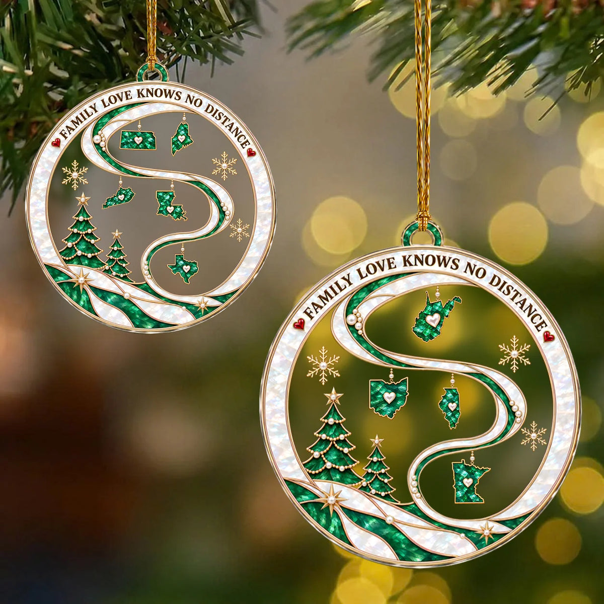 Personalized Family Love Knows No Distance Emerald State Maps & Winding Ribbon Acrylic Christmas Ornament – Gift for Family