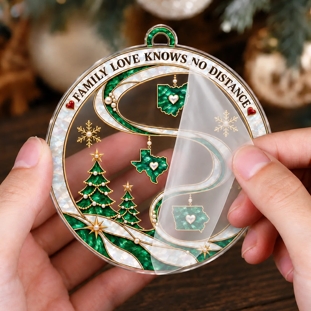 Personalized Family Love Knows No Distance Emerald State Maps & Winding Ribbon Acrylic Christmas Ornament – Gift for Family