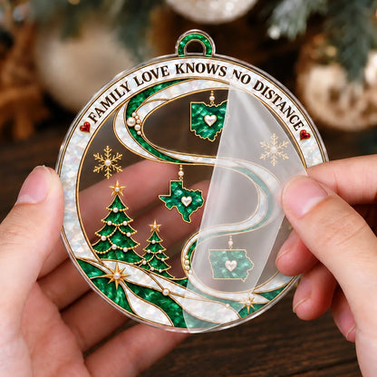 Personalized Family Love Knows No Distance Emerald State Maps & Winding Ribbon Acrylic Christmas Ornament – Gift for Family