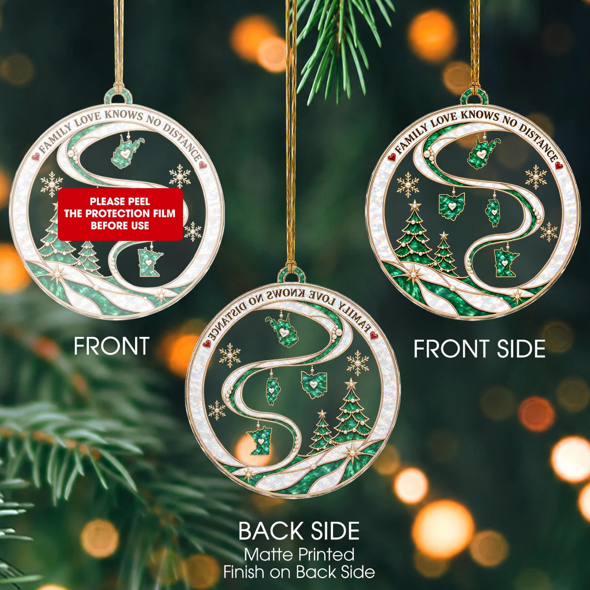 Personalized Family Love Knows No Distance Emerald State Maps & Winding Ribbon Acrylic Christmas Ornament – Gift for Family