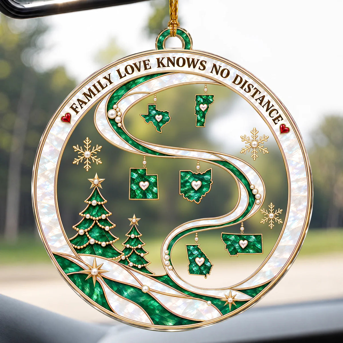 Personalized Family Love Knows No Distance Emerald State Maps & Winding Ribbon Acrylic Christmas Ornament – Gift for Family