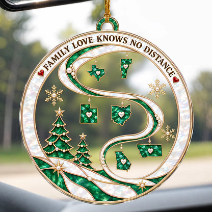 Personalized Family Love Knows No Distance Emerald State Maps & Winding Ribbon Acrylic Christmas Ornament – Gift for Family