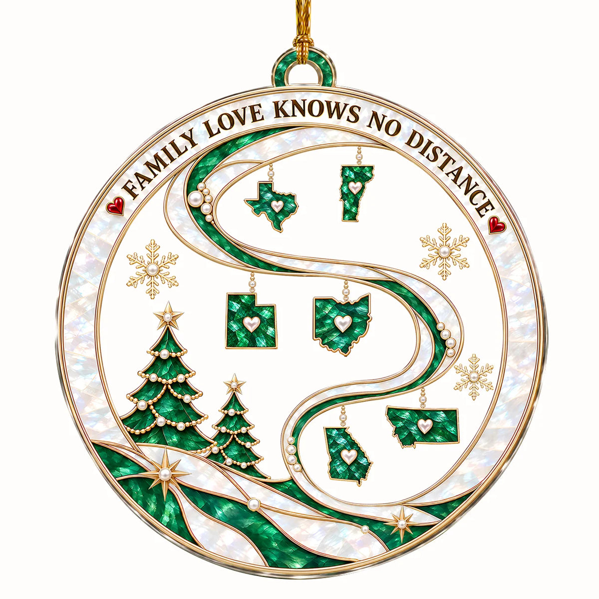 Personalized Family Love Knows No Distance Emerald State Maps & Winding Ribbon Acrylic Christmas Ornament – Gift for Family