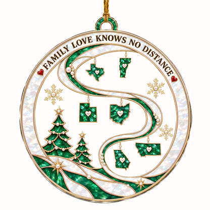 Personalized Family Love Knows No Distance Emerald State Maps & Winding Ribbon Acrylic Christmas Ornament – Gift for Family