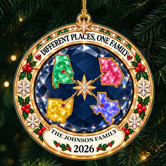 Personalized Different Places One Family Jewel-Style State Map Acrylic Christmas Ornament – Gift for Family